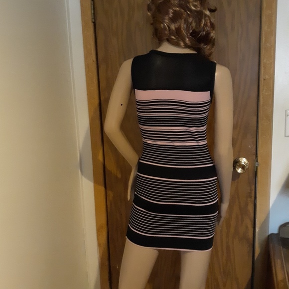 NWOT! Form Fitting Dress Sheer Black Pink Stripes - Picture 4 of 8